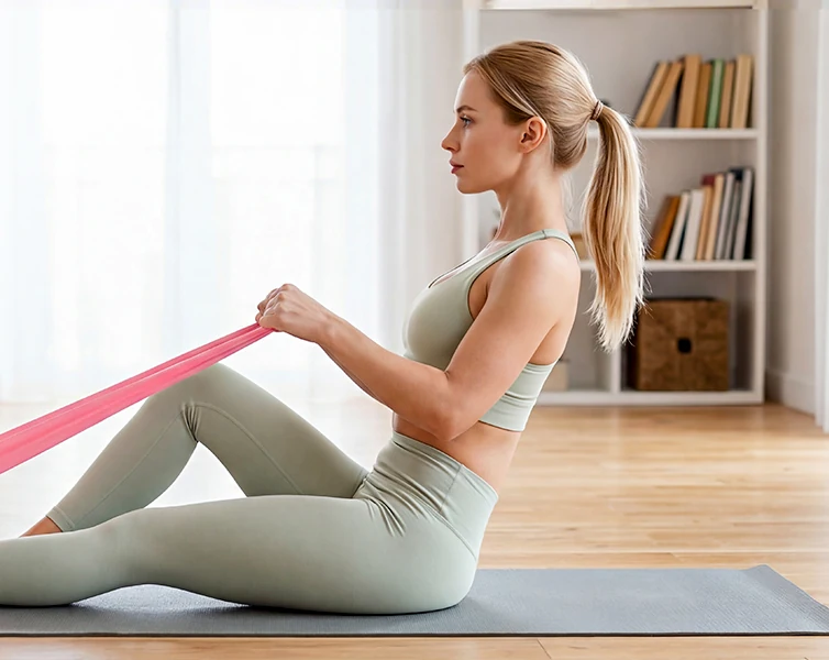Flat resistance band used in a seated exercise