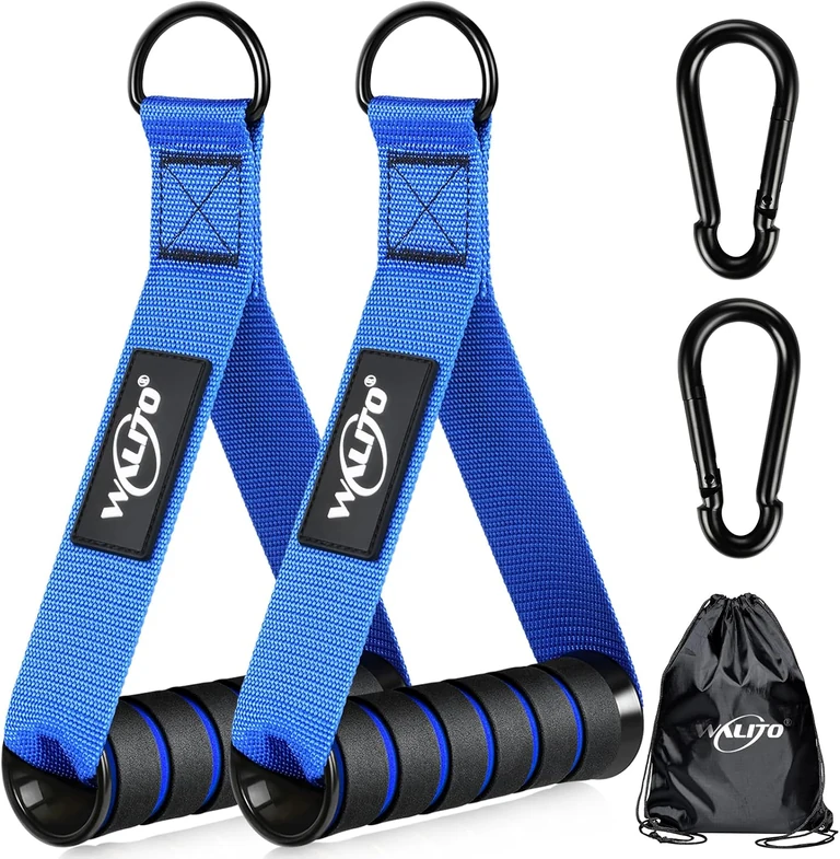 Pair of blue padded cable handles with two clips and a carry bag