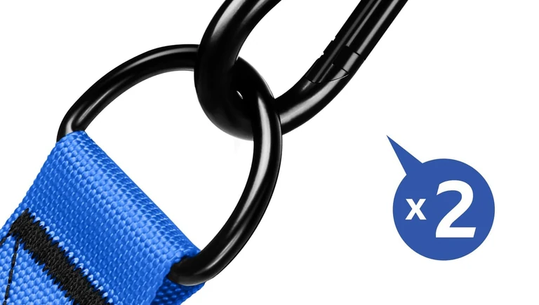 Close view of a metal clip connected to the blue handle D-ring