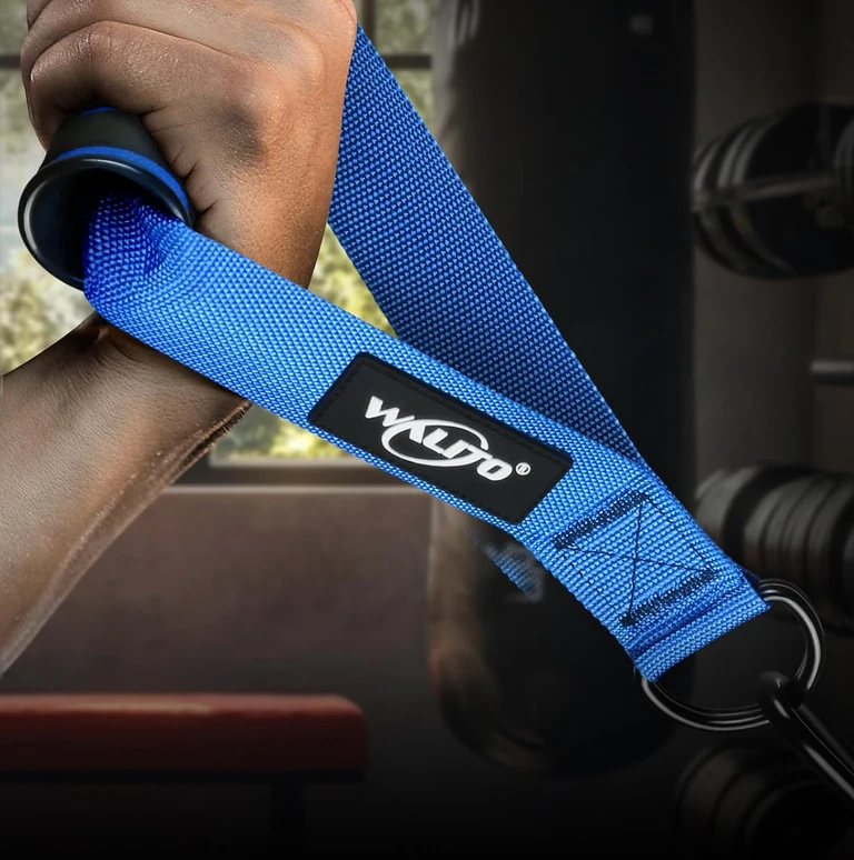Hand gripping a padded blue cable handle