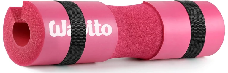 Contoured pink foam barbell pad with two retention straps