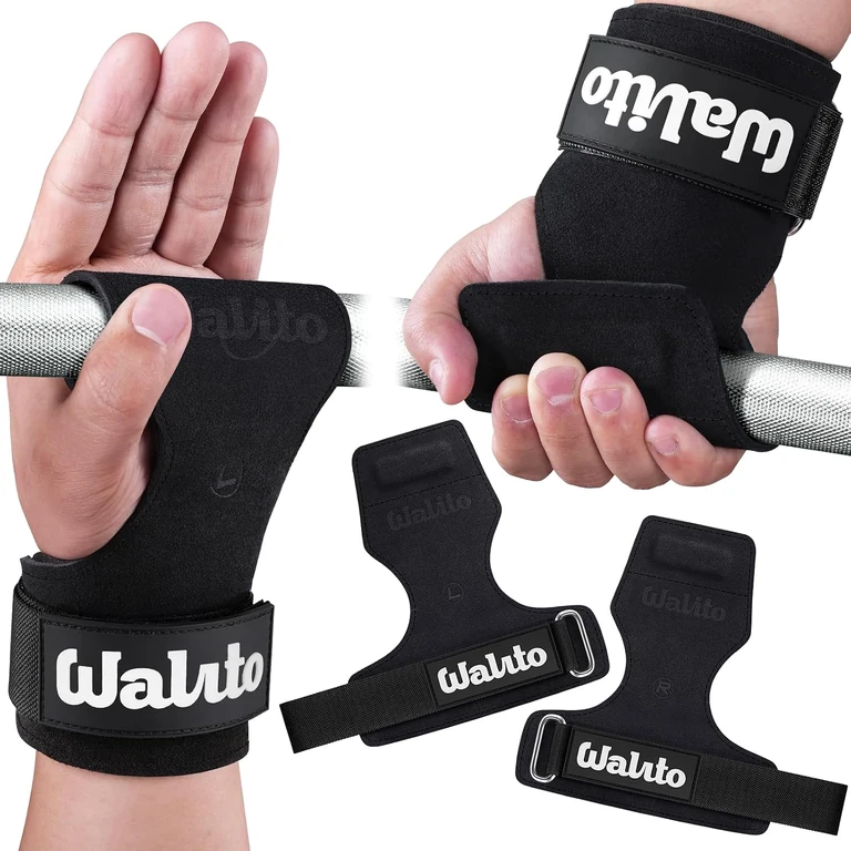 Black leather lifting grips showing the palm flap and wrist fastening