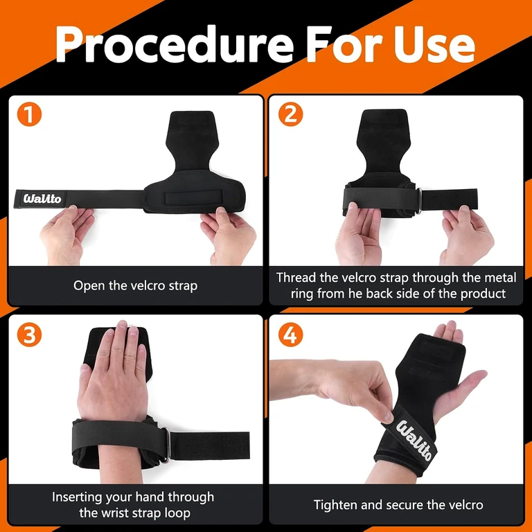 Four illustrated steps for positioning the wrist grip fastening