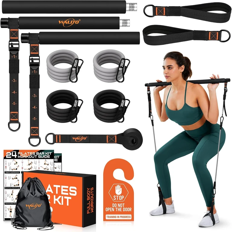Three-section Pilates bar kit with bands, foot straps, anchor and guide